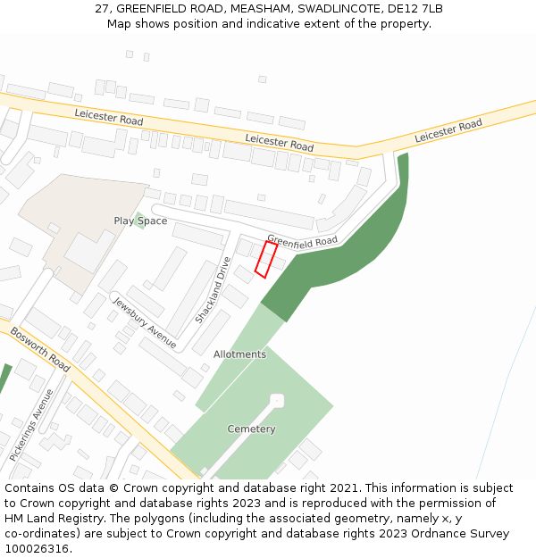 27, GREENFIELD ROAD, MEASHAM, SWADLINCOTE, DE12 7LB: Location map and indicative extent of plot