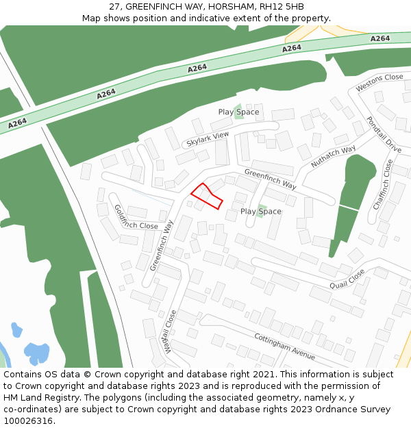 27, GREENFINCH WAY, HORSHAM, RH12 5HB: Location map and indicative extent of plot