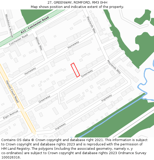 27, GREENWAY, ROMFORD, RM3 0HH: Location map and indicative extent of plot