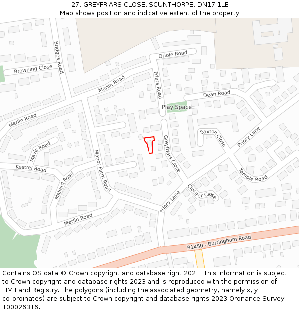 27, GREYFRIARS CLOSE, SCUNTHORPE, DN17 1LE: Location map and indicative extent of plot