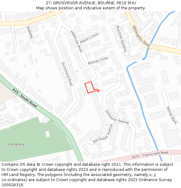 27, GROSVENOR AVENUE, BOURNE, PE10 9HU: Location map and indicative extent of plot