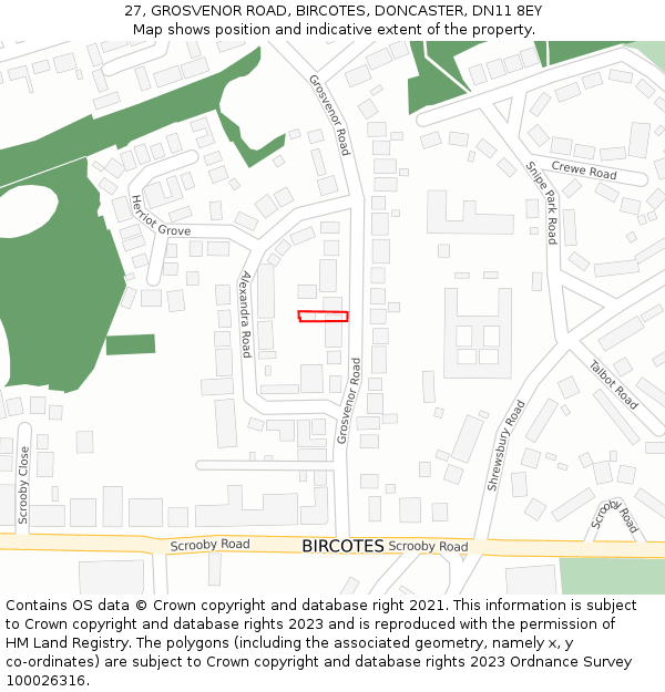 27, GROSVENOR ROAD, BIRCOTES, DONCASTER, DN11 8EY: Location map and indicative extent of plot