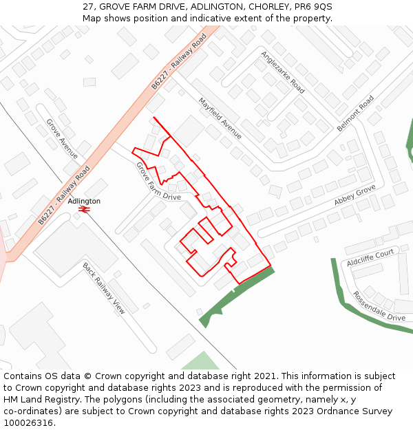 27, GROVE FARM DRIVE, ADLINGTON, CHORLEY, PR6 9QS: Location map and indicative extent of plot