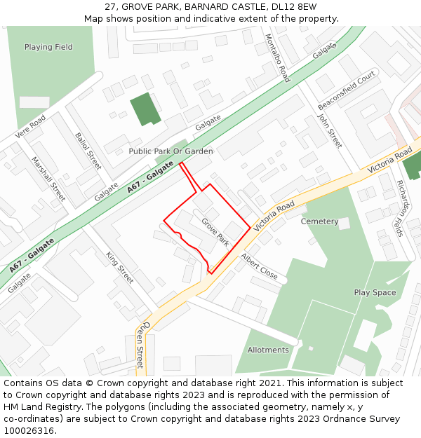 27, GROVE PARK, BARNARD CASTLE, DL12 8EW: Location map and indicative extent of plot