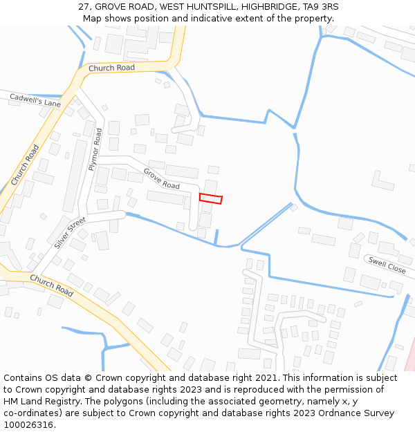 27, GROVE ROAD, WEST HUNTSPILL, HIGHBRIDGE, TA9 3RS: Location map and indicative extent of plot