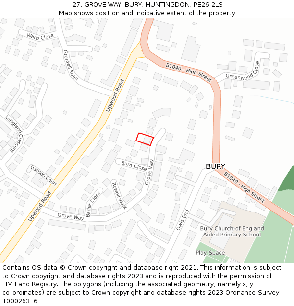 27, GROVE WAY, BURY, HUNTINGDON, PE26 2LS: Location map and indicative extent of plot