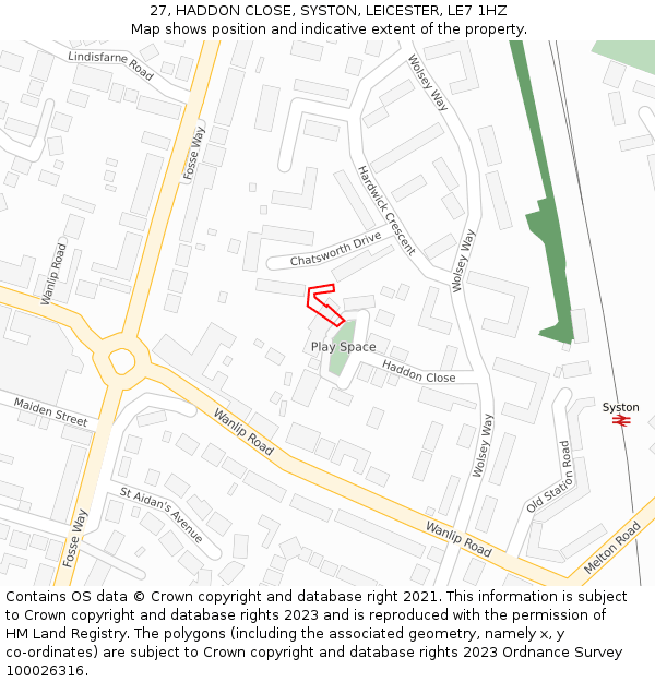 27, HADDON CLOSE, SYSTON, LEICESTER, LE7 1HZ: Location map and indicative extent of plot