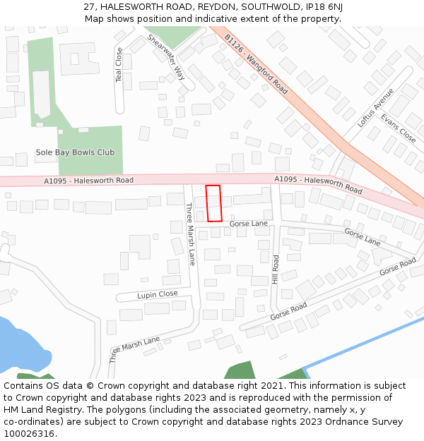 27, HALESWORTH ROAD, REYDON, SOUTHWOLD, IP18 6NJ: Location map and indicative extent of plot