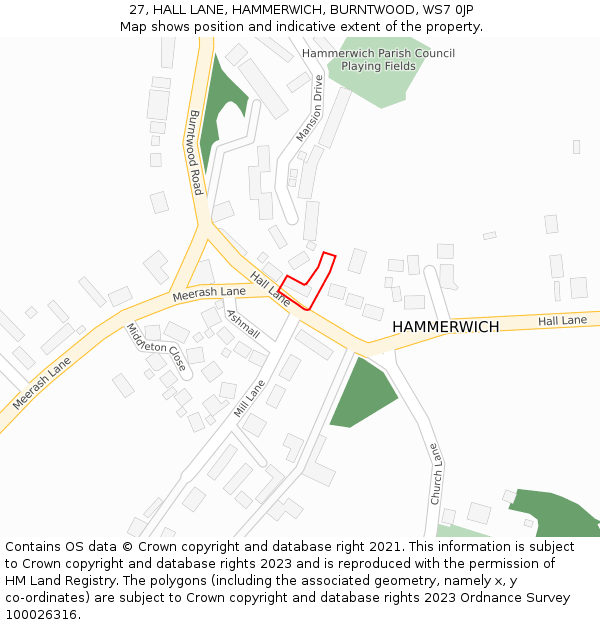 27, HALL LANE, HAMMERWICH, BURNTWOOD, WS7 0JP: Location map and indicative extent of plot