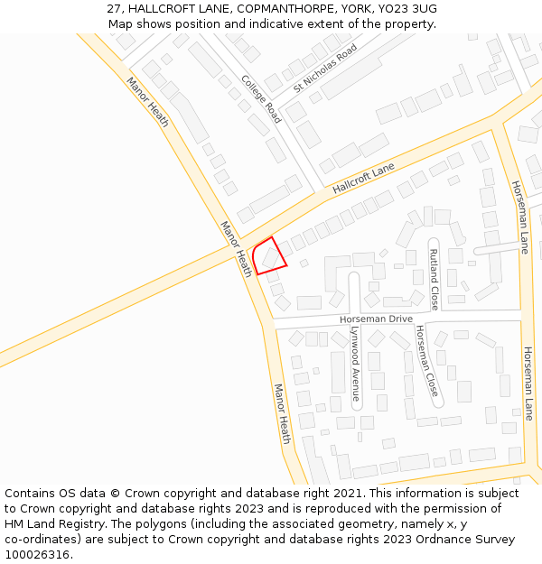 27, HALLCROFT LANE, COPMANTHORPE, YORK, YO23 3UG: Location map and indicative extent of plot