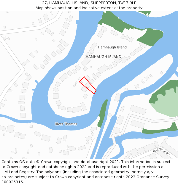 27, HAMHAUGH ISLAND, SHEPPERTON, TW17 9LP: Location map and indicative extent of plot