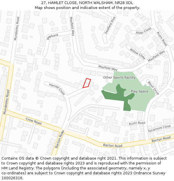 27, HAMLET CLOSE, NORTH WALSHAM, NR28 0DL: Location map and indicative extent of plot