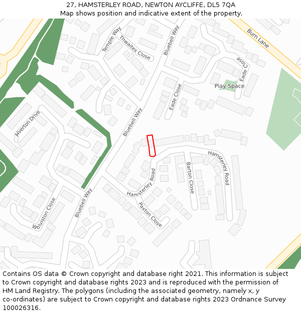 27, HAMSTERLEY ROAD, NEWTON AYCLIFFE, DL5 7QA: Location map and indicative extent of plot