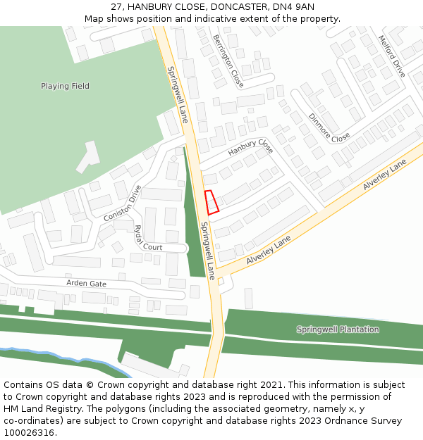 27, HANBURY CLOSE, DONCASTER, DN4 9AN: Location map and indicative extent of plot