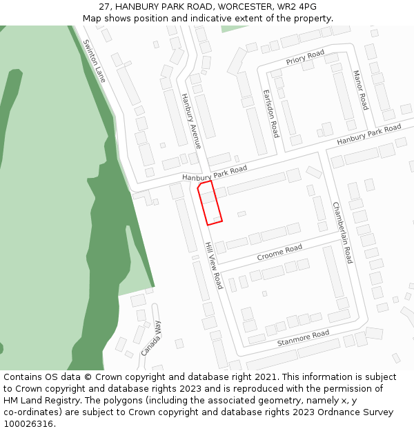 27, HANBURY PARK ROAD, WORCESTER, WR2 4PG: Location map and indicative extent of plot