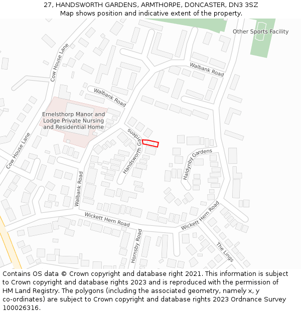 27, HANDSWORTH GARDENS, ARMTHORPE, DONCASTER, DN3 3SZ: Location map and indicative extent of plot