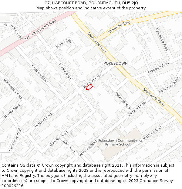 27, HARCOURT ROAD, BOURNEMOUTH, BH5 2JQ: Location map and indicative extent of plot