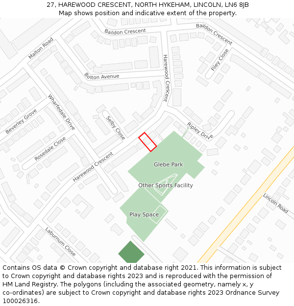 27, HAREWOOD CRESCENT, NORTH HYKEHAM, LINCOLN, LN6 8JB: Location map and indicative extent of plot