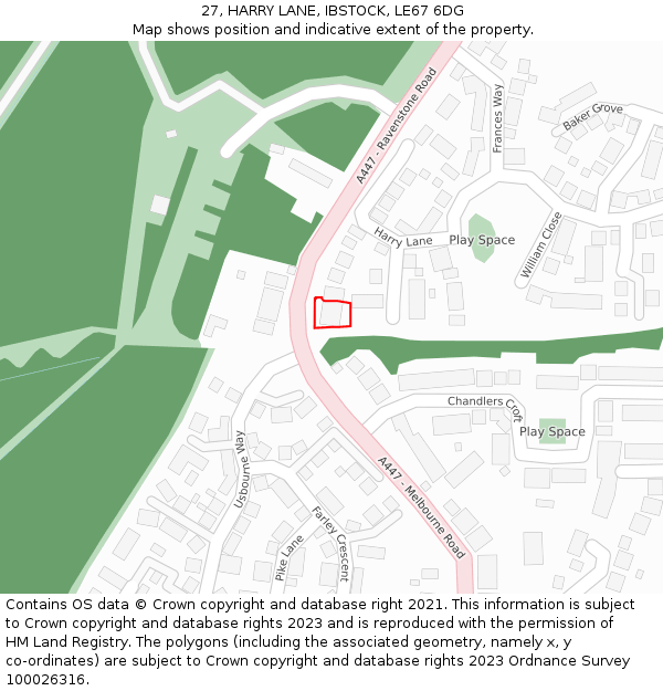 27, HARRY LANE, IBSTOCK, LE67 6DG: Location map and indicative extent of plot