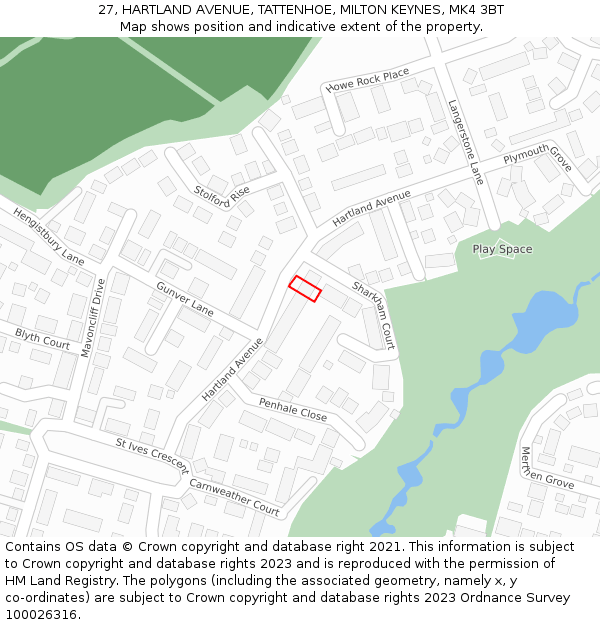 27, HARTLAND AVENUE, TATTENHOE, MILTON KEYNES, MK4 3BT: Location map and indicative extent of plot