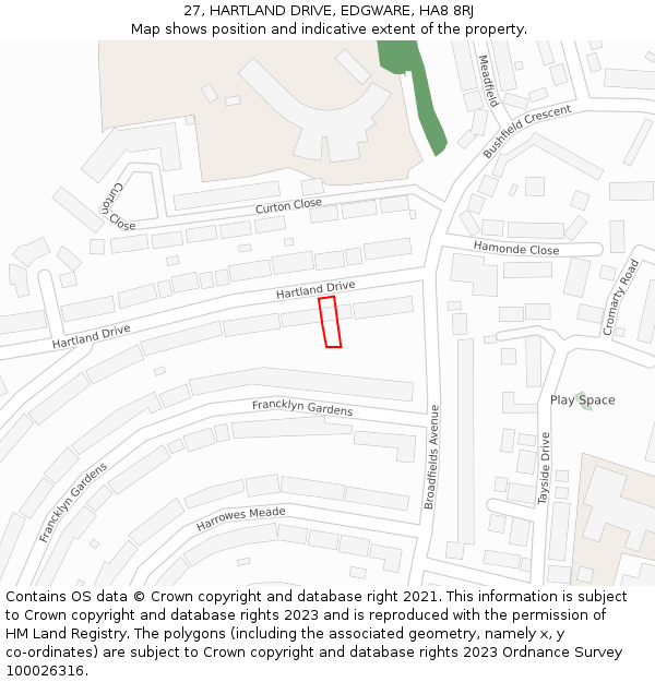 27, HARTLAND DRIVE, EDGWARE, HA8 8RJ: Location map and indicative extent of plot