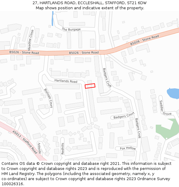 27, HARTLANDS ROAD, ECCLESHALL, STAFFORD, ST21 6DW: Location map and indicative extent of plot