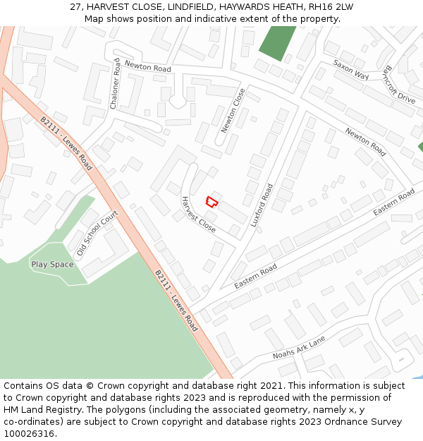 27, HARVEST CLOSE, LINDFIELD, HAYWARDS HEATH, RH16 2LW: Location map and indicative extent of plot