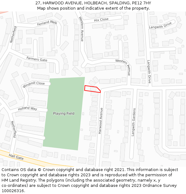 27, HARWOOD AVENUE, HOLBEACH, SPALDING, PE12 7HY: Location map and indicative extent of plot