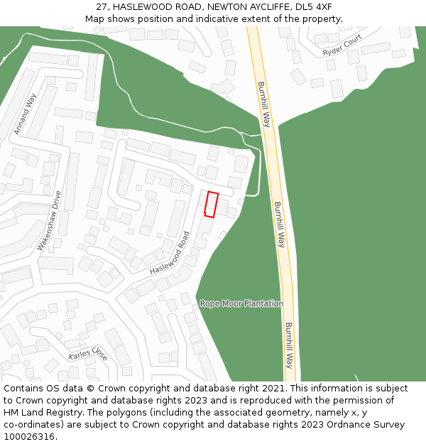 27, HASLEWOOD ROAD, NEWTON AYCLIFFE, DL5 4XF: Location map and indicative extent of plot