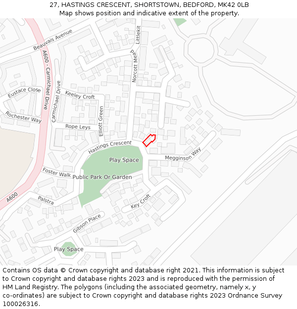 27, HASTINGS CRESCENT, SHORTSTOWN, BEDFORD, MK42 0LB: Location map and indicative extent of plot