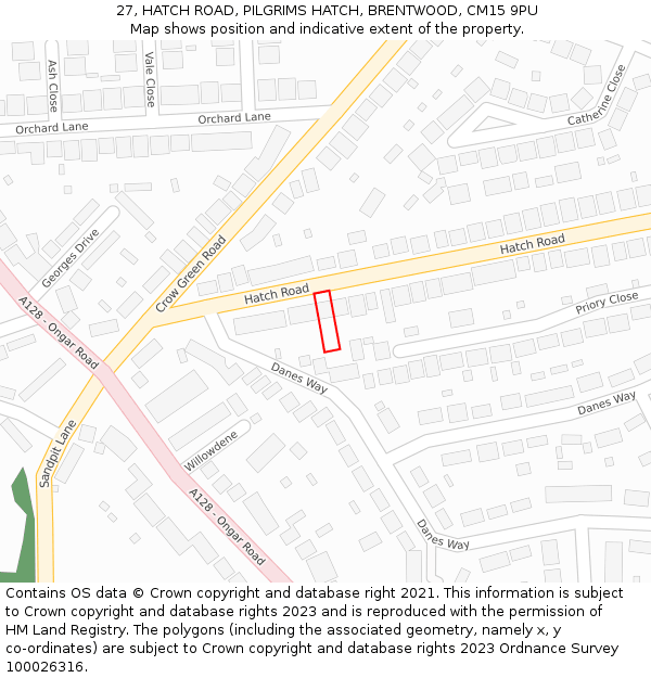 27, HATCH ROAD, PILGRIMS HATCH, BRENTWOOD, CM15 9PU: Location map and indicative extent of plot