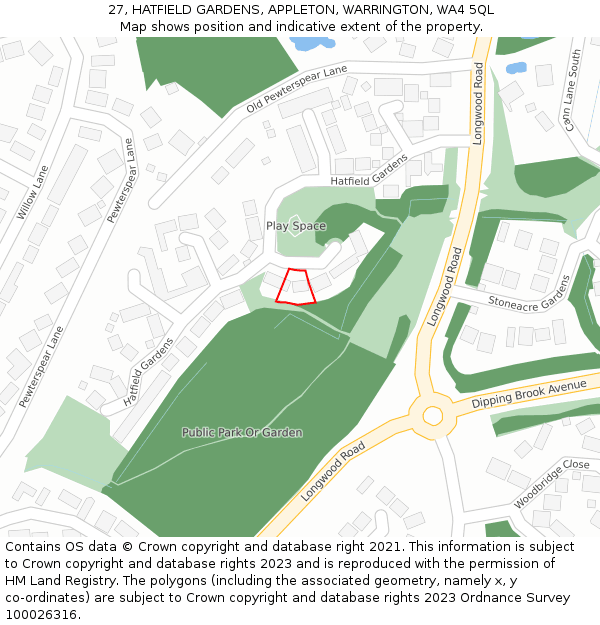 27, HATFIELD GARDENS, APPLETON, WARRINGTON, WA4 5QL: Location map and indicative extent of plot