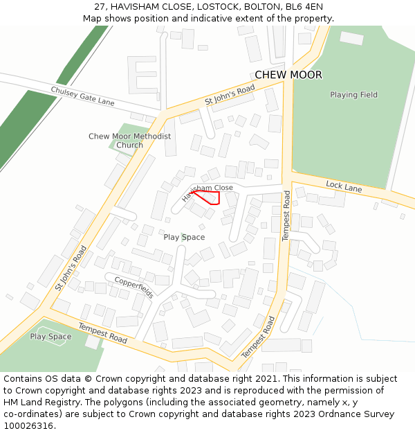 27, HAVISHAM CLOSE, LOSTOCK, BOLTON, BL6 4EN: Location map and indicative extent of plot