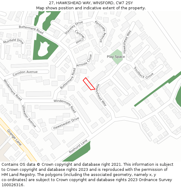 27, HAWKSHEAD WAY, WINSFORD, CW7 2SY: Location map and indicative extent of plot