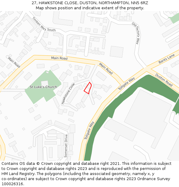 27, HAWKSTONE CLOSE, DUSTON, NORTHAMPTON, NN5 6RZ: Location map and indicative extent of plot