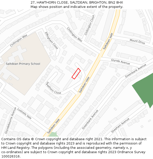 27, HAWTHORN CLOSE, SALTDEAN, BRIGHTON, BN2 8HX: Location map and indicative extent of plot