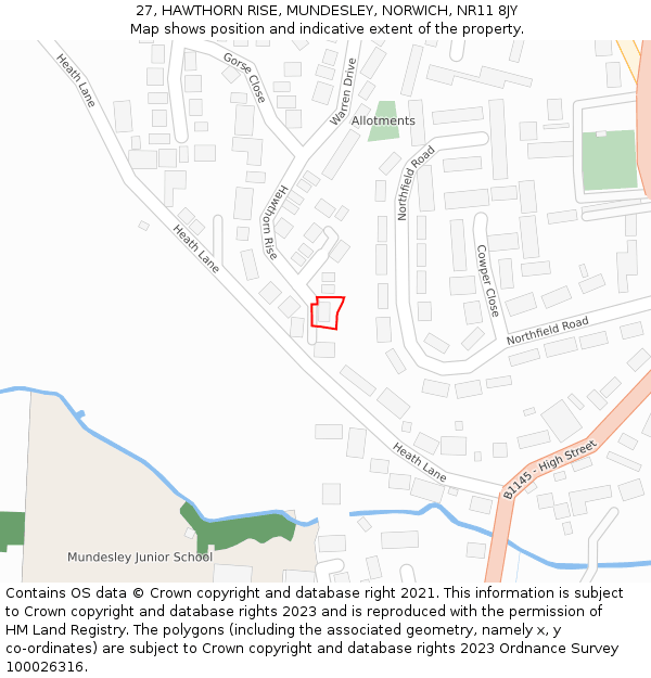 27, HAWTHORN RISE, MUNDESLEY, NORWICH, NR11 8JY: Location map and indicative extent of plot