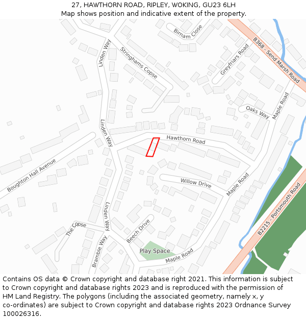 27, HAWTHORN ROAD, RIPLEY, WOKING, GU23 6LH: Location map and indicative extent of plot