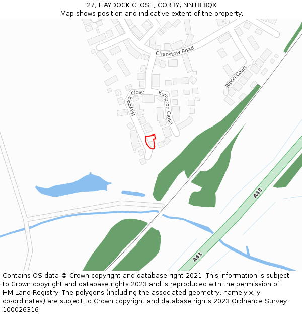 27, HAYDOCK CLOSE, CORBY, NN18 8QX: Location map and indicative extent of plot