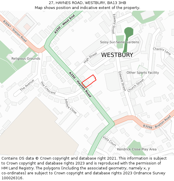 27, HAYNES ROAD, WESTBURY, BA13 3HB: Location map and indicative extent of plot