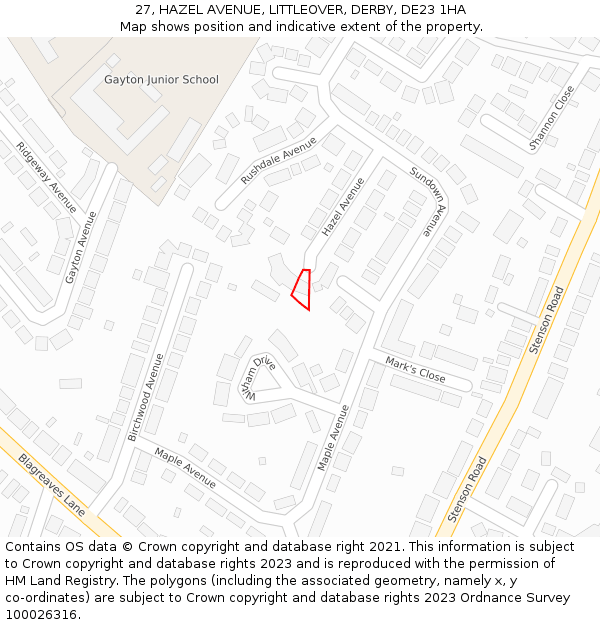 27, HAZEL AVENUE, LITTLEOVER, DERBY, DE23 1HA: Location map and indicative extent of plot
