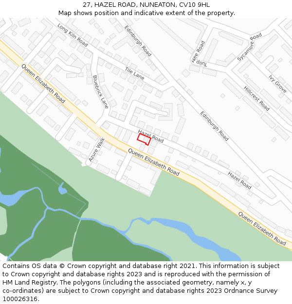 27, HAZEL ROAD, NUNEATON, CV10 9HL: Location map and indicative extent of plot