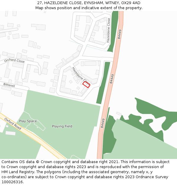 27, HAZELDENE CLOSE, EYNSHAM, WITNEY, OX29 4AD: Location map and indicative extent of plot