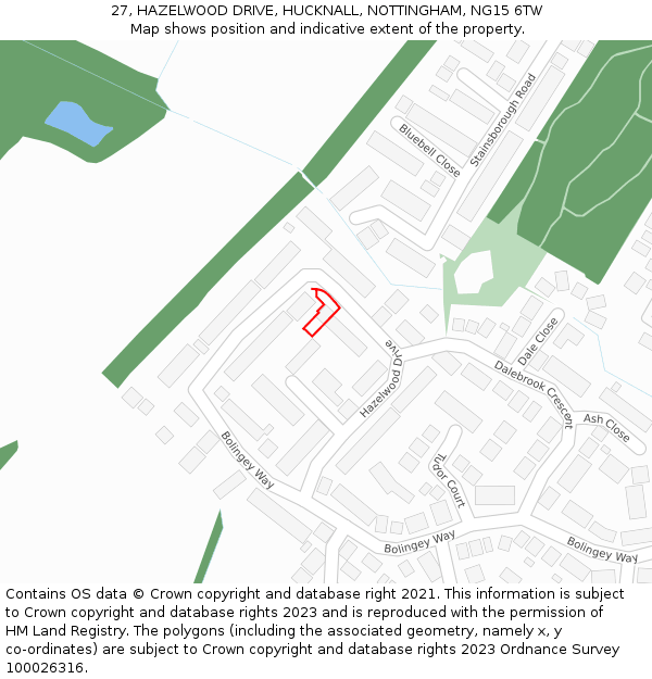 27, HAZELWOOD DRIVE, HUCKNALL, NOTTINGHAM, NG15 6TW: Location map and indicative extent of plot