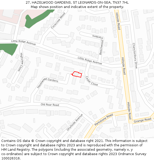 27, HAZELWOOD GARDENS, ST LEONARDS-ON-SEA, TN37 7HL: Location map and indicative extent of plot