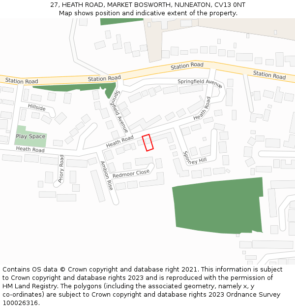 27, HEATH ROAD, MARKET BOSWORTH, NUNEATON, CV13 0NT: Location map and indicative extent of plot