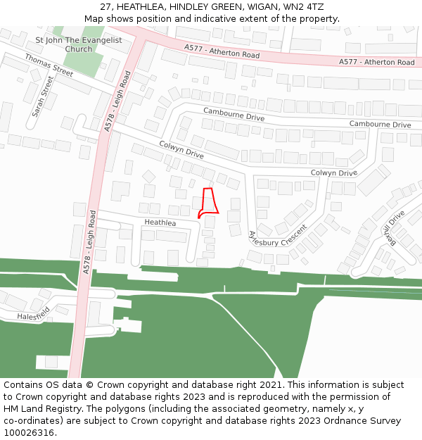 27, HEATHLEA, HINDLEY GREEN, WIGAN, WN2 4TZ: Location map and indicative extent of plot