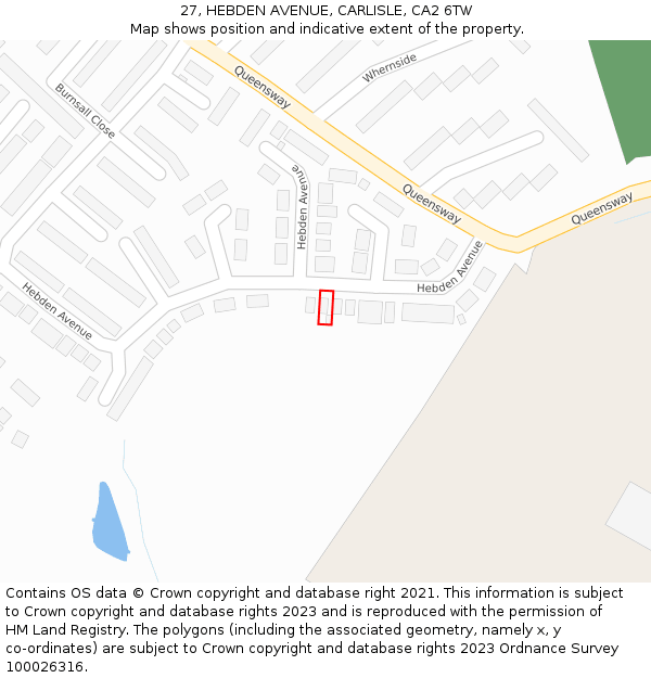 27, HEBDEN AVENUE, CARLISLE, CA2 6TW: Location map and indicative extent of plot