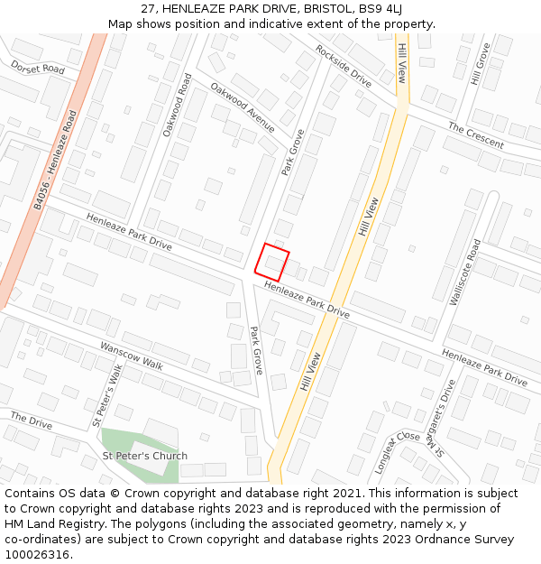 27, HENLEAZE PARK DRIVE, BRISTOL, BS9 4LJ: Location map and indicative extent of plot