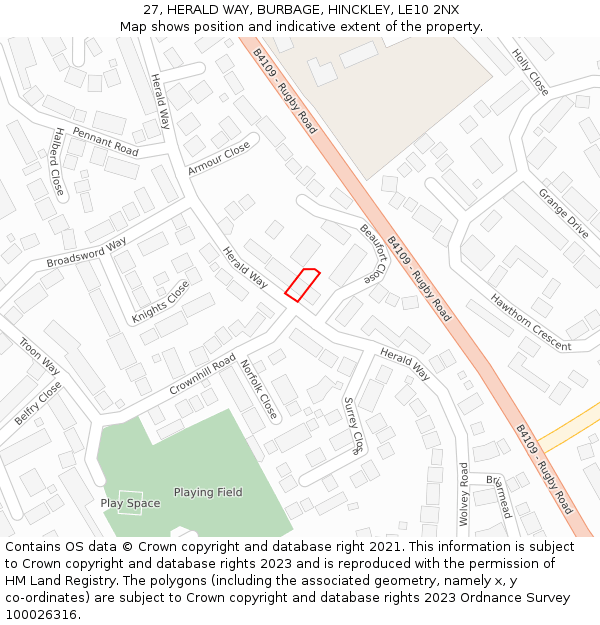 27, HERALD WAY, BURBAGE, HINCKLEY, LE10 2NX: Location map and indicative extent of plot